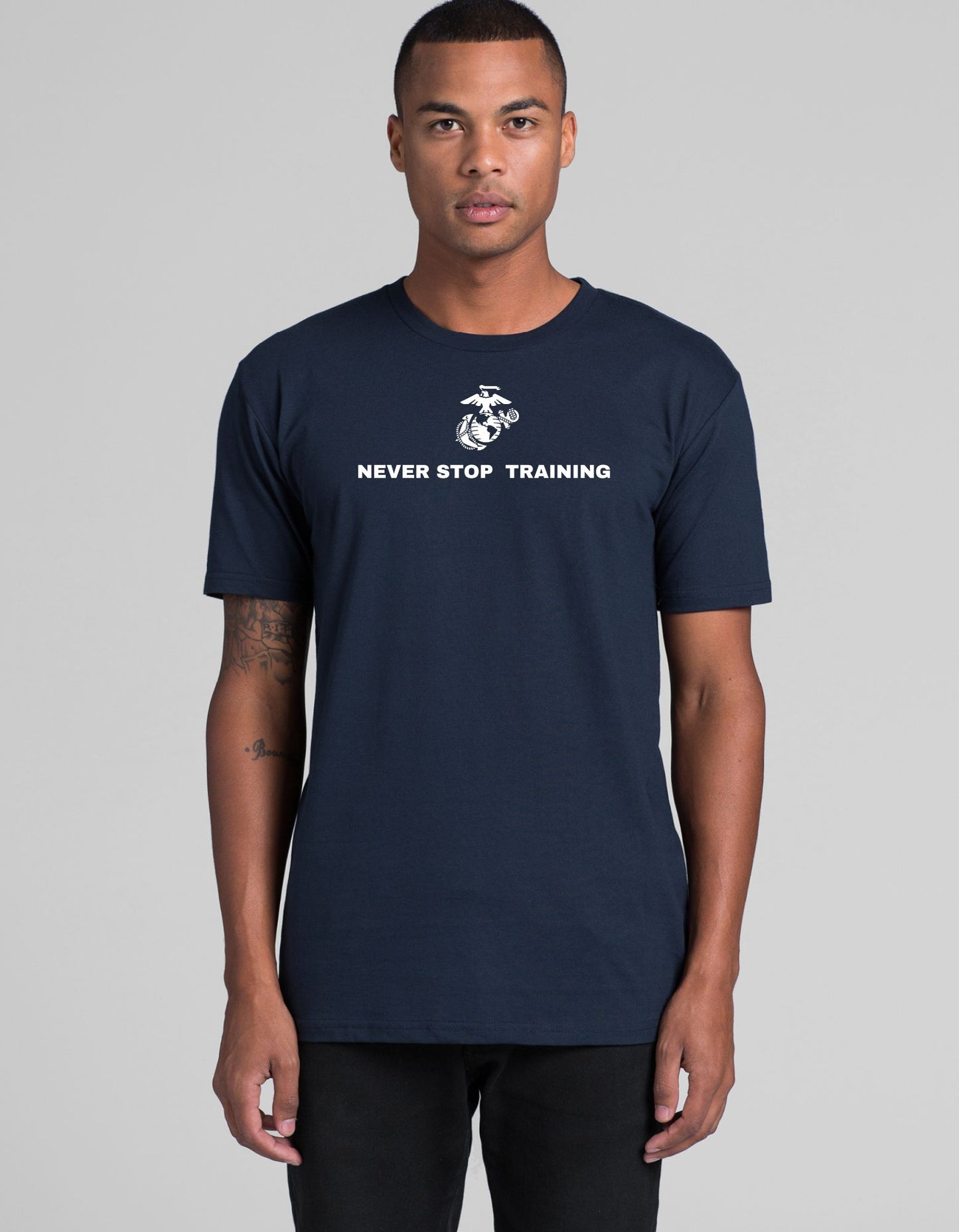 Never Stop Training – Premium Embroidered USMC Graphic Tee