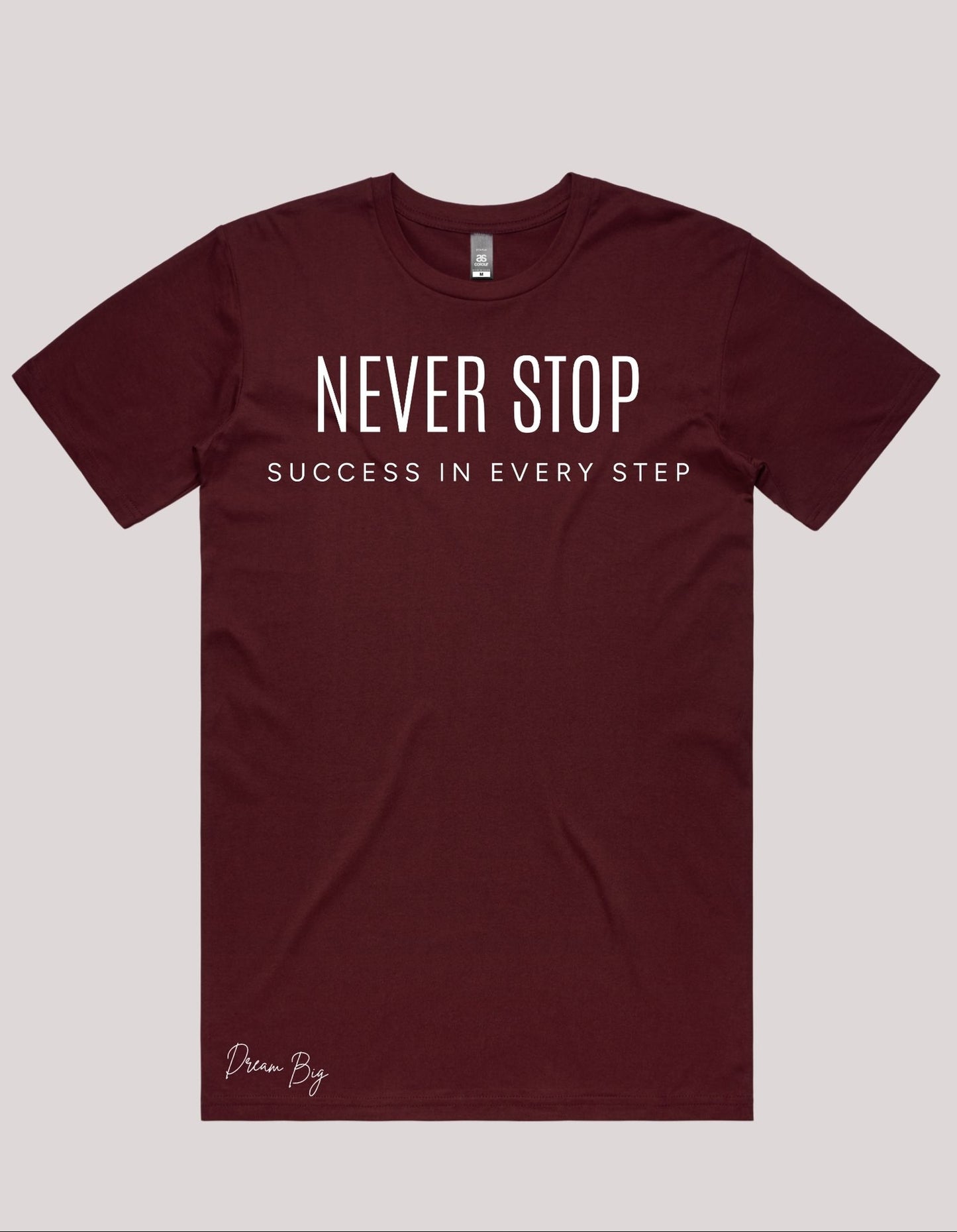 "Never Stop" Embroidered Graphic Tee – Success In Every Step Streetwear Shirt