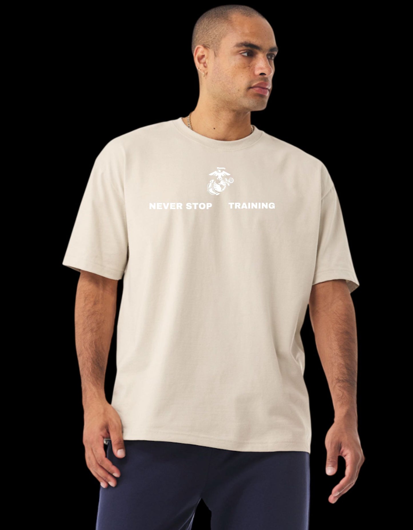 Never Stop Training – Premium Embroidered USMC Graphic Tee