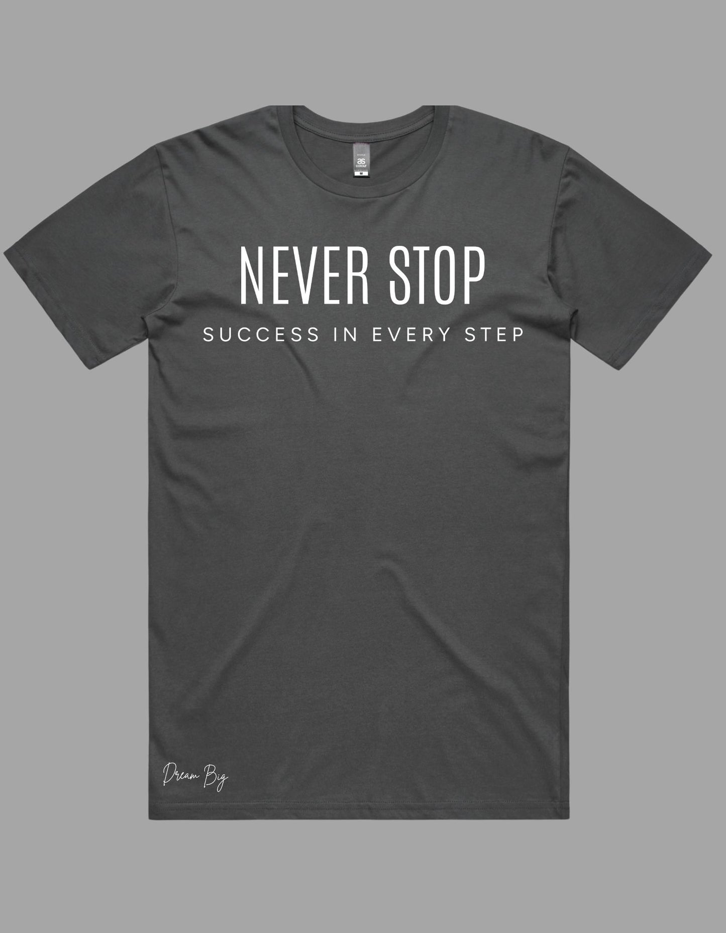 "Never Stop" Embroidered Graphic Tee – Success In Every Step Streetwear Shirt
