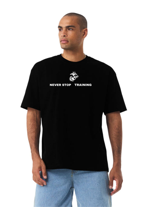 Never Stop Training – Premium Embroidered USMC Graphic Tee